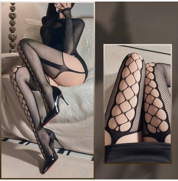 FEE ET MOI - Sexy Mesh Hollow Suspender Stockings (Black)